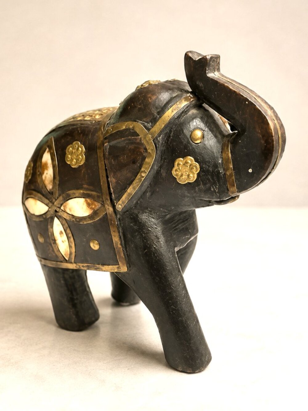 Vintage Hand-Carved Wood Elephant Statue Brass Bone Inlay Trunk Up 7"